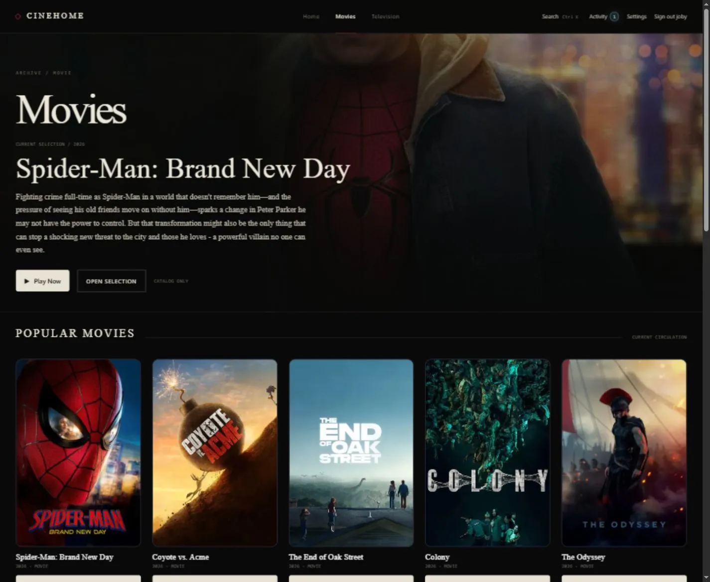 Cinehome’s movie catalog, with a featured film and a row of posters.