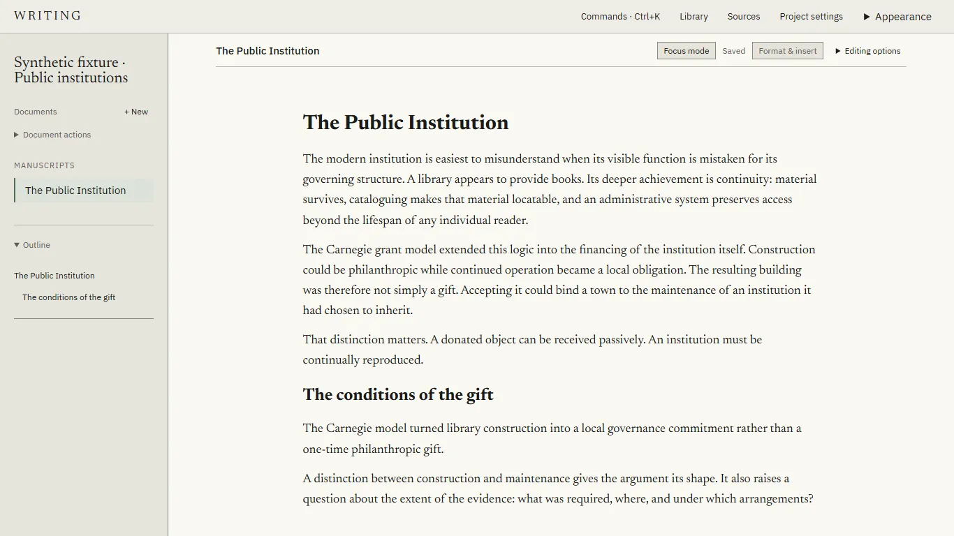 Writing’s editor with manuscript navigation, an outline, and formatting controls.